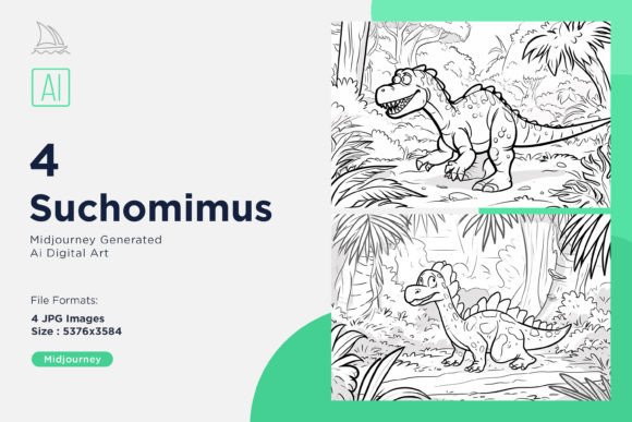 AI-generated dinosaur coloring page with Suchomimus in jungle setting