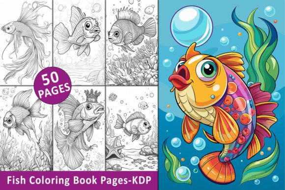 Fish Coloring Book Cover featuring cartoon fish and underwater elements