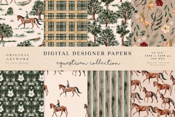 Equestrian digital papers featuring horse patterns and floral designs
