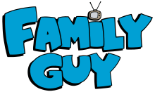 The Family Guy logo: bold blue letters in all caps spelling out "Family Guy" with a small cartoon antenna television used to dot the "i" in "Family"
