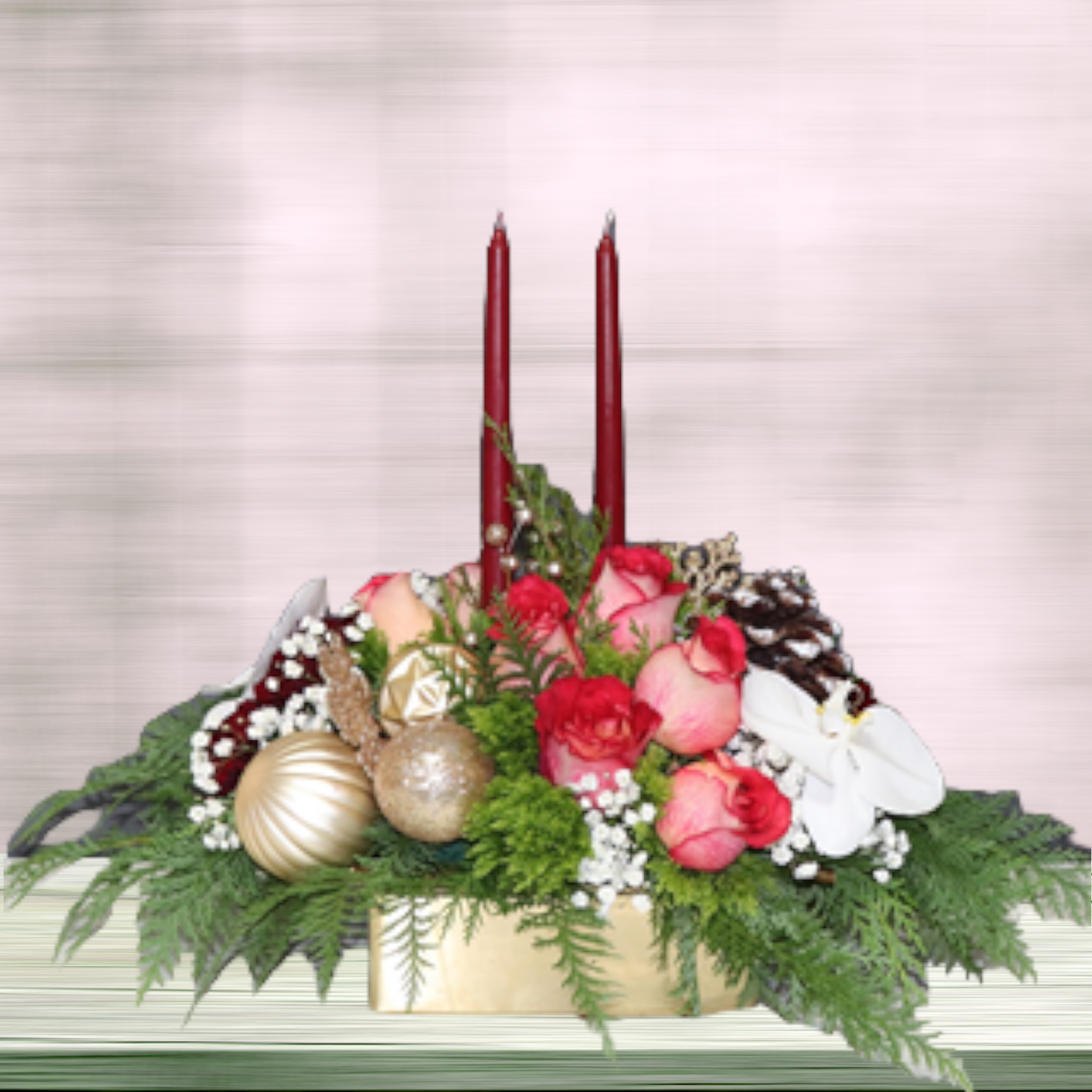 Christmas Centerpiece with Candles in a Gold Vase Flower Delivery Las