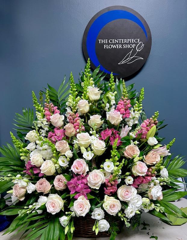 GRACEFUL PINK & WHITE SYMPATHY BASKET Flower Delivery West Roxbury