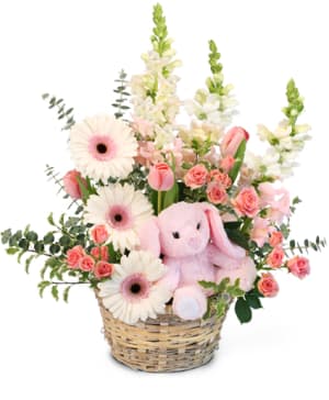 Tiny Pink Blessing Basket Flower Bouquet