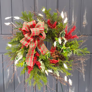 Twigs, Pine and Plaid Wreath (Fresh or Artificial) Flower Bouquet