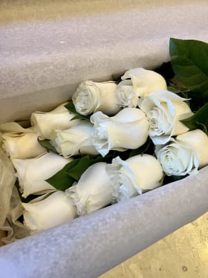 12 White Roses in a long rose box