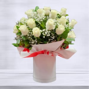 Premium Long Stem White Roses in Round Box Flower Bouquet