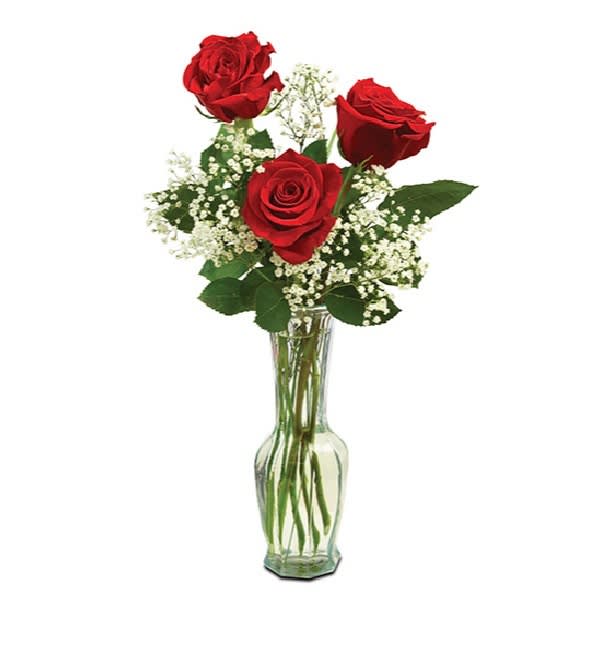   Three Red Roses in a  Classic Bud Vase