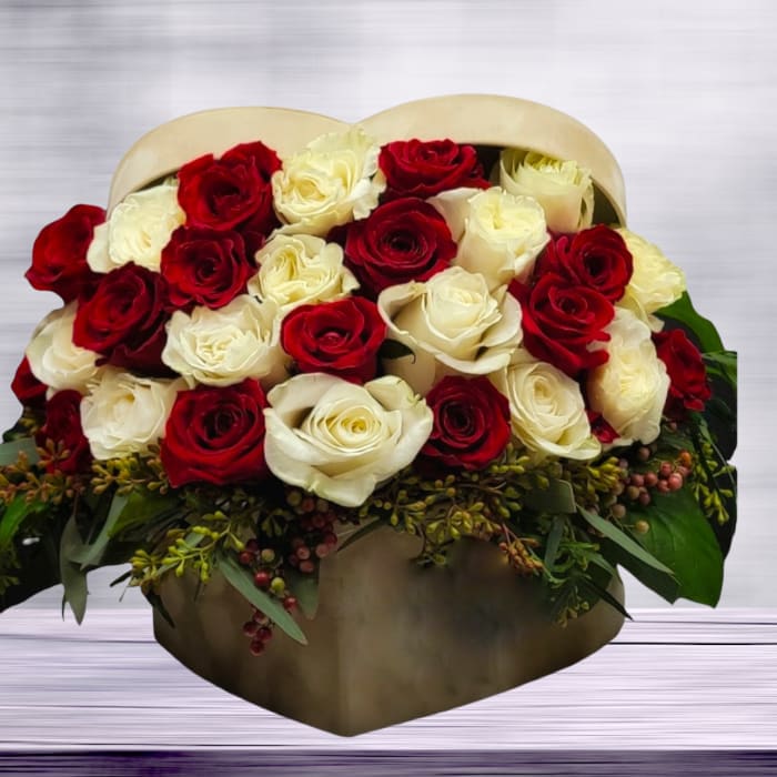 Red and White Roses in Heart Box