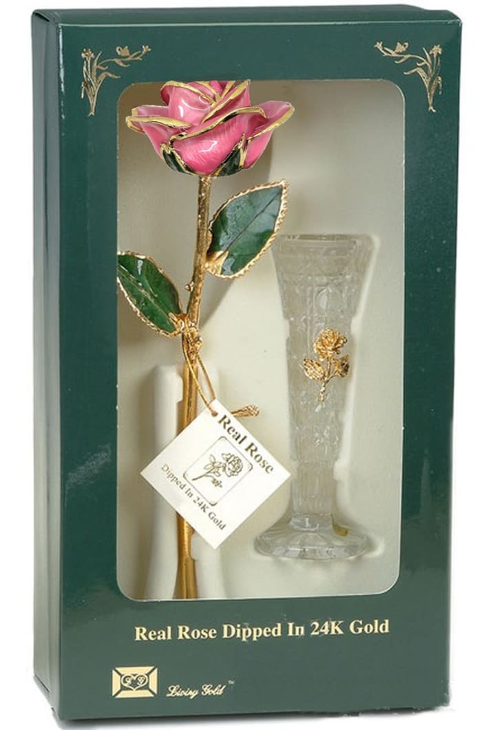 Pink Rose Trimmed in 24k Gold W/ Vase