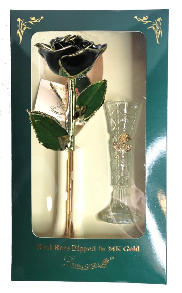 Black Rose Trimmed in 24k Gold W/ Vase