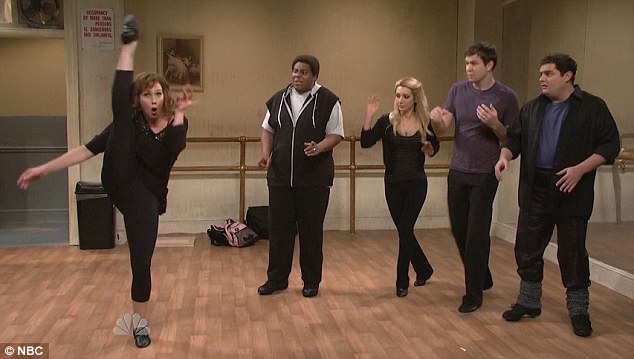 Kick it out: Christina Applegate hosts SNL this weekend and kicks up her heels during a dance skit with cast members Kenan Thompson, Nasim Pedrad, Taran Killam and Bobby Moynihan