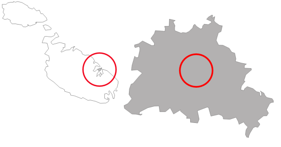 Fig.2 - 5.000 meter buffer around the city center of Valletta, Malta (left) and Berlin, Germany (right).