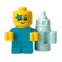 Bébé jaune - vêtement vert et visage avec motif étoiles & son biberon (8010+C043) - Lego