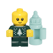 Figurine personnalisée en briques - Bébé jaune - vêtement vert foncé et motifs sapin et flocons de neige - Lego