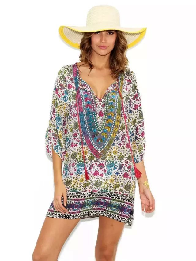 2015 new women bohemian tshirt dress floral robe t shirt Kimono celebrities casual wear