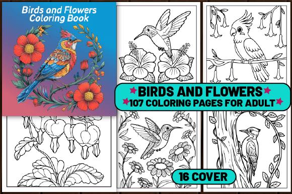 Birds and Flowers Coloring Book Cover and Sample Pages
