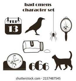 bad omens illustration set - black cat, crow, spider, broken mirror and clock, spilled salt, friday the 13th, number 666