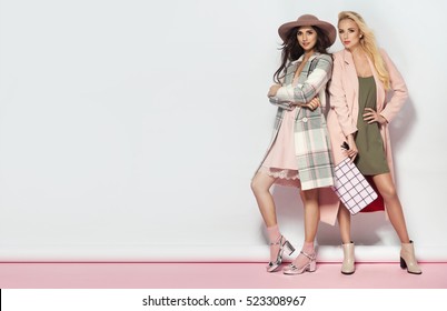 Fashionable two women in coat and nice dress. Fashion autumn winter photo