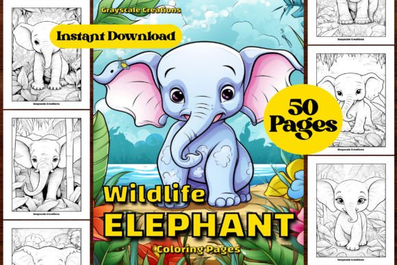 Cute Elephant Grayscale Coloring Page