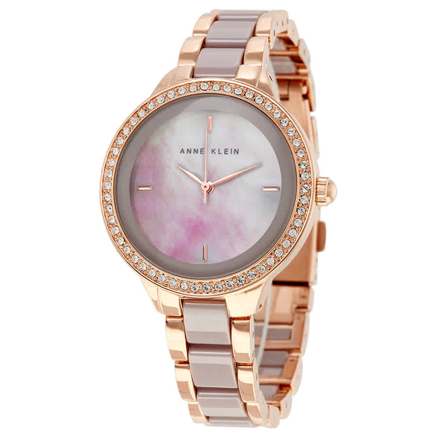 Anne Klein Taupe Mother Of Pearl Dial Ladies Watch 1418rgtp In Brown,gold Tone,mother Of Pearl,pink,rose Gold Tone