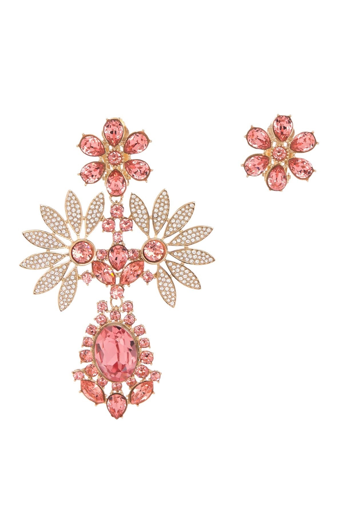 Burberry Rhinestone Flower Mismatched Cocktail Earrings In Coral Pink