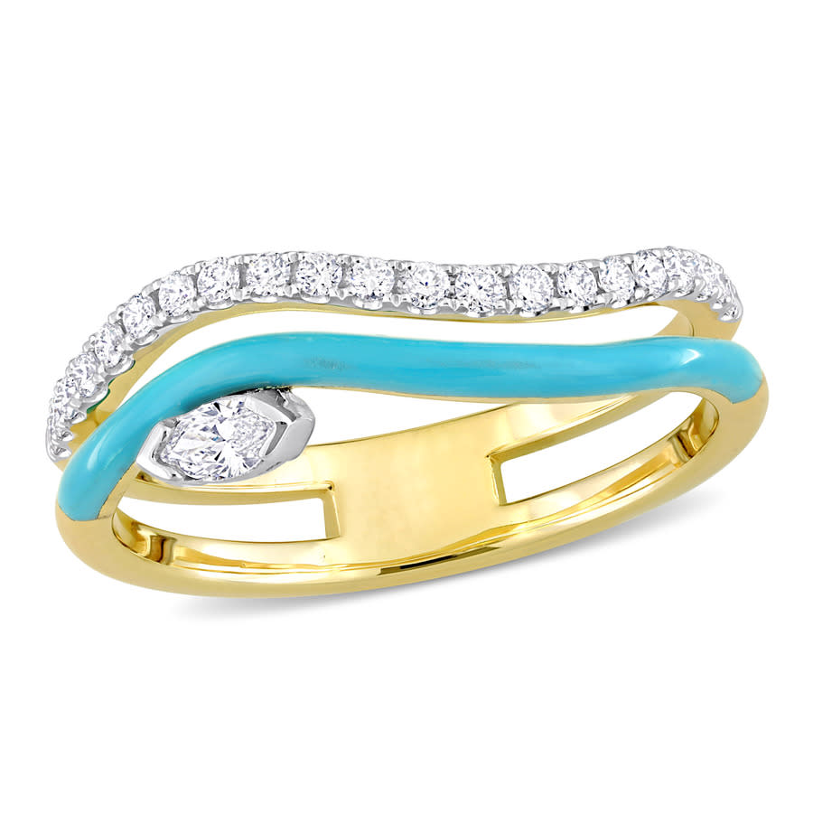 Amour 1/4 Ct Tdw Marquise And Round Diamond Wave Ring In 14k Two-tone Yellow And White Gold With Turquoise In Blue