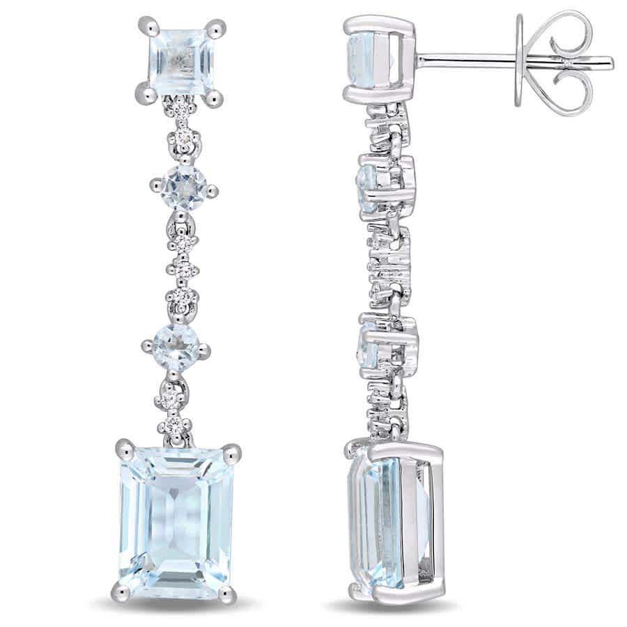 Amour 5 3/8 Ct Tgw Blue Topaz And Diamond Accent Geometric Drop Earrings In 14k White Gold Jms004532 In Blue,gold Tone,white