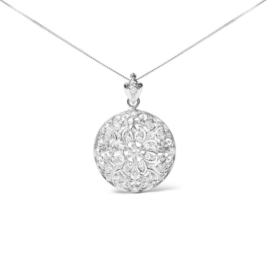 Haus Of Brilliance 18k White Gold 1 5/6 Cttw Diamond Cluster Floral Filigree Brooch Pin And 18" Pendant Necklace In White