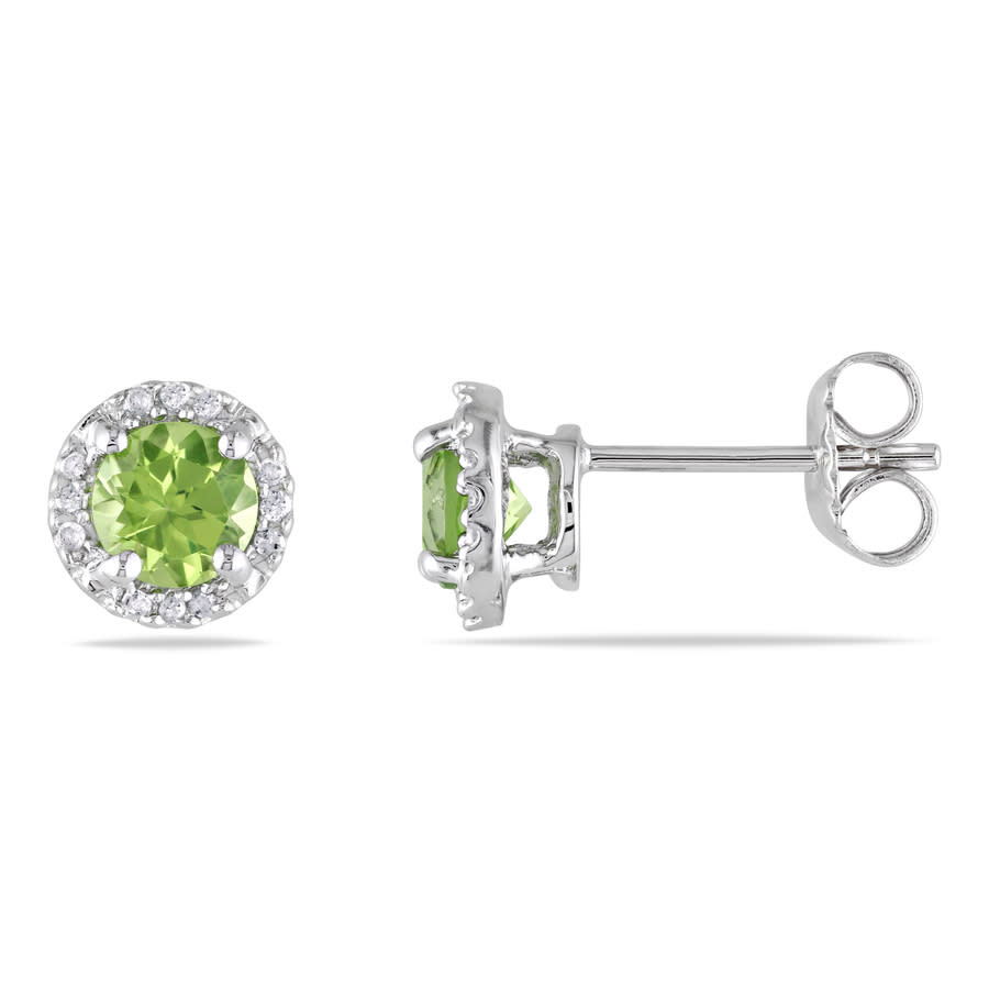 Amour Peridot And Diamond Halo Stud Earrings In Sterling Silver In White