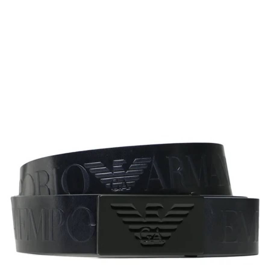 Emporio Armani Embossed Oversized Lettering Leather Belt In Blue Grey