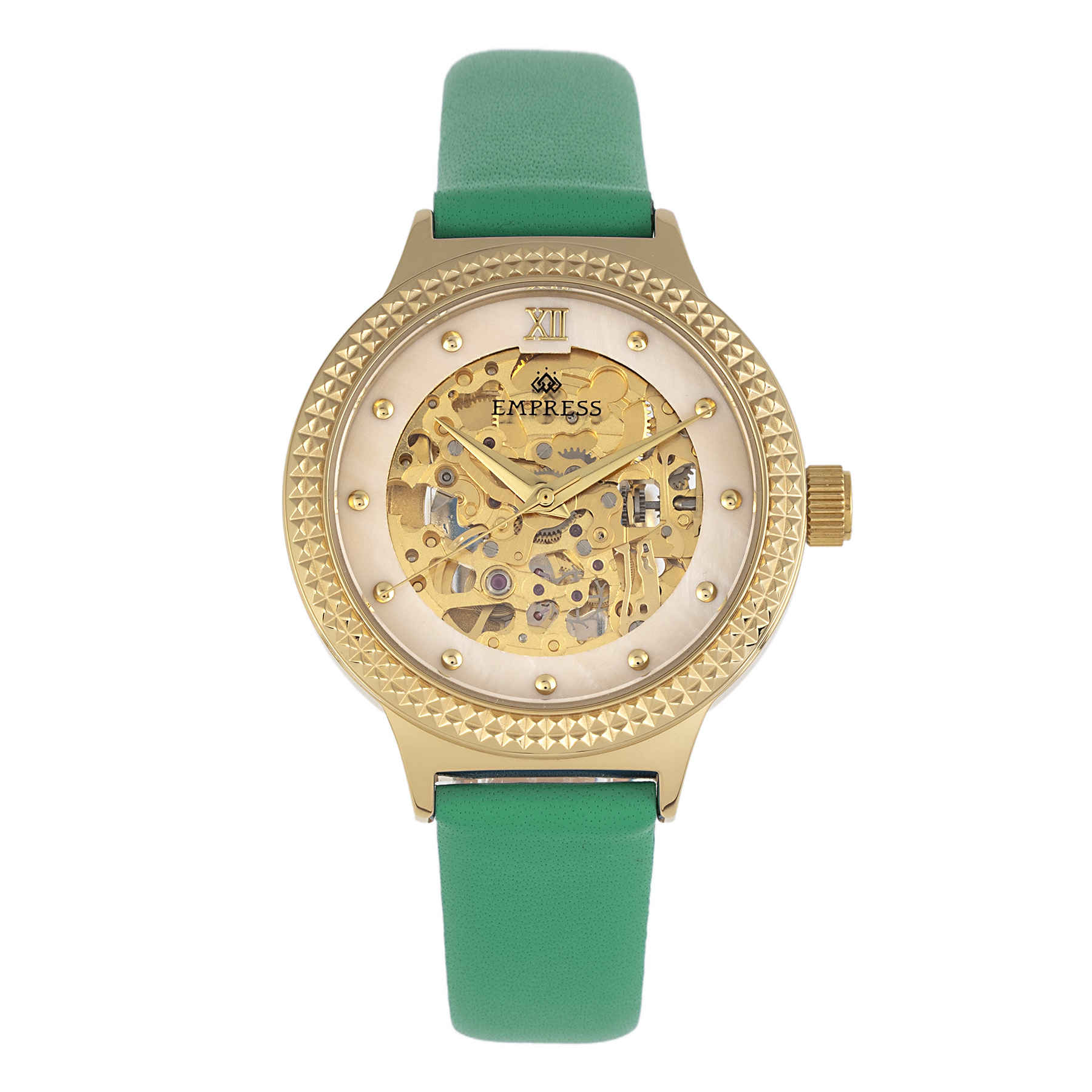 Shop Empress Alice Automatic White Dial Ladies Watch Empem3203 In Gold / Gold Tone / Green / Mop / Skeleton / White