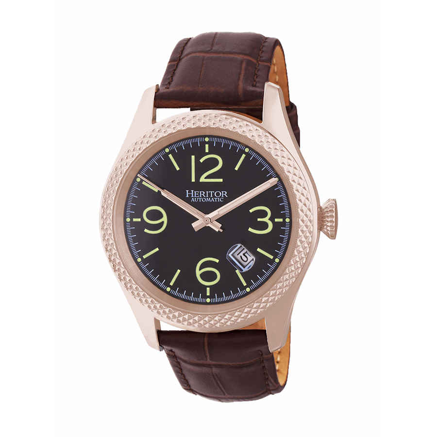 HERITOR BARNES AUTOMATIC BLACK DIAL DARK BROWN LEATHER MENS WATCH HR7107