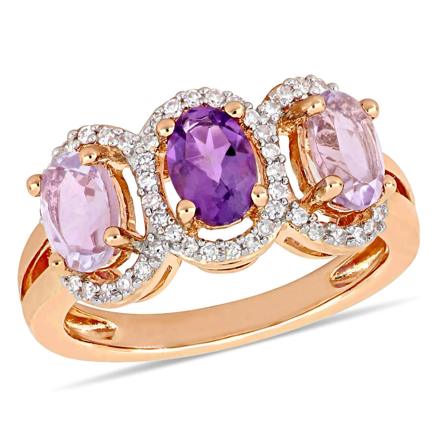 AMOUR 1 5/8 CT TGW Oval-cut African-amethyst & Rose De France and 1/5 CT TW Diamond 3-sTone Halo Ring In Rose Plated Sterling Silver