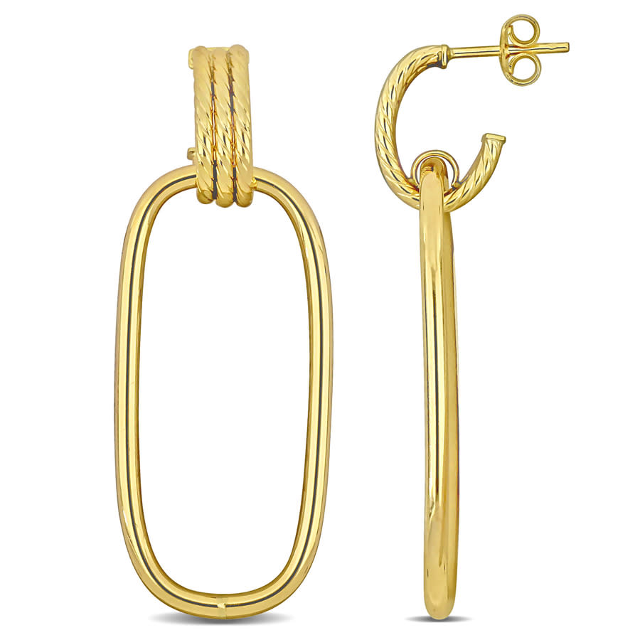Amour Open Huggie Hoop With Open Rectangular Drop Earrings In 10k Yellow Gold