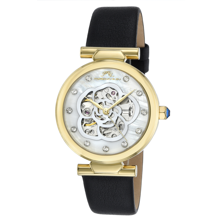 Porsamo Bleu Laura Women's Automatic Watch With Mother Of Pearl Dial, 1211blal In Black / Gold / Gold Tone / Mother Of Pearl / Skeleton / White / Yellow