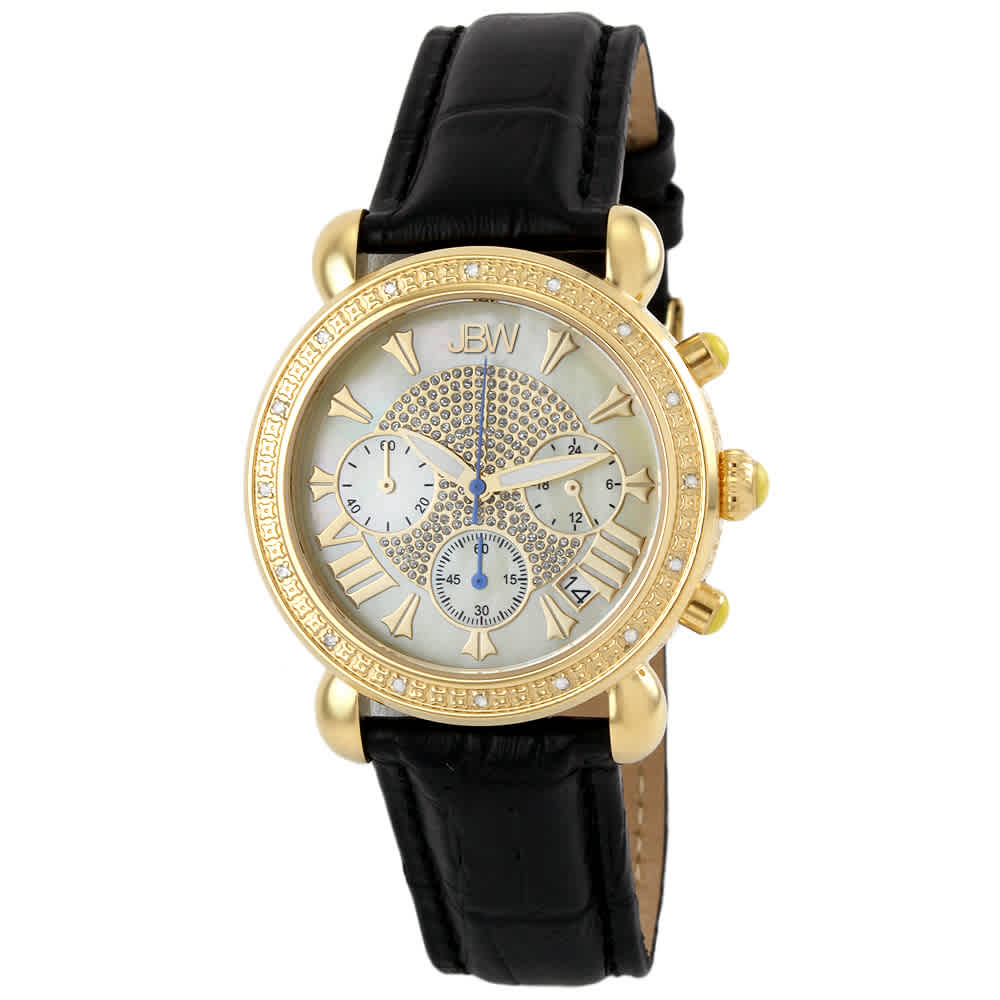 Jbw Victory Mother Of Pearl Diamond Gold-tone Diamond Case Black Leather Strap Ladies Watch Jb-6210l-a In Black,gold Tone,mother Of Pearl