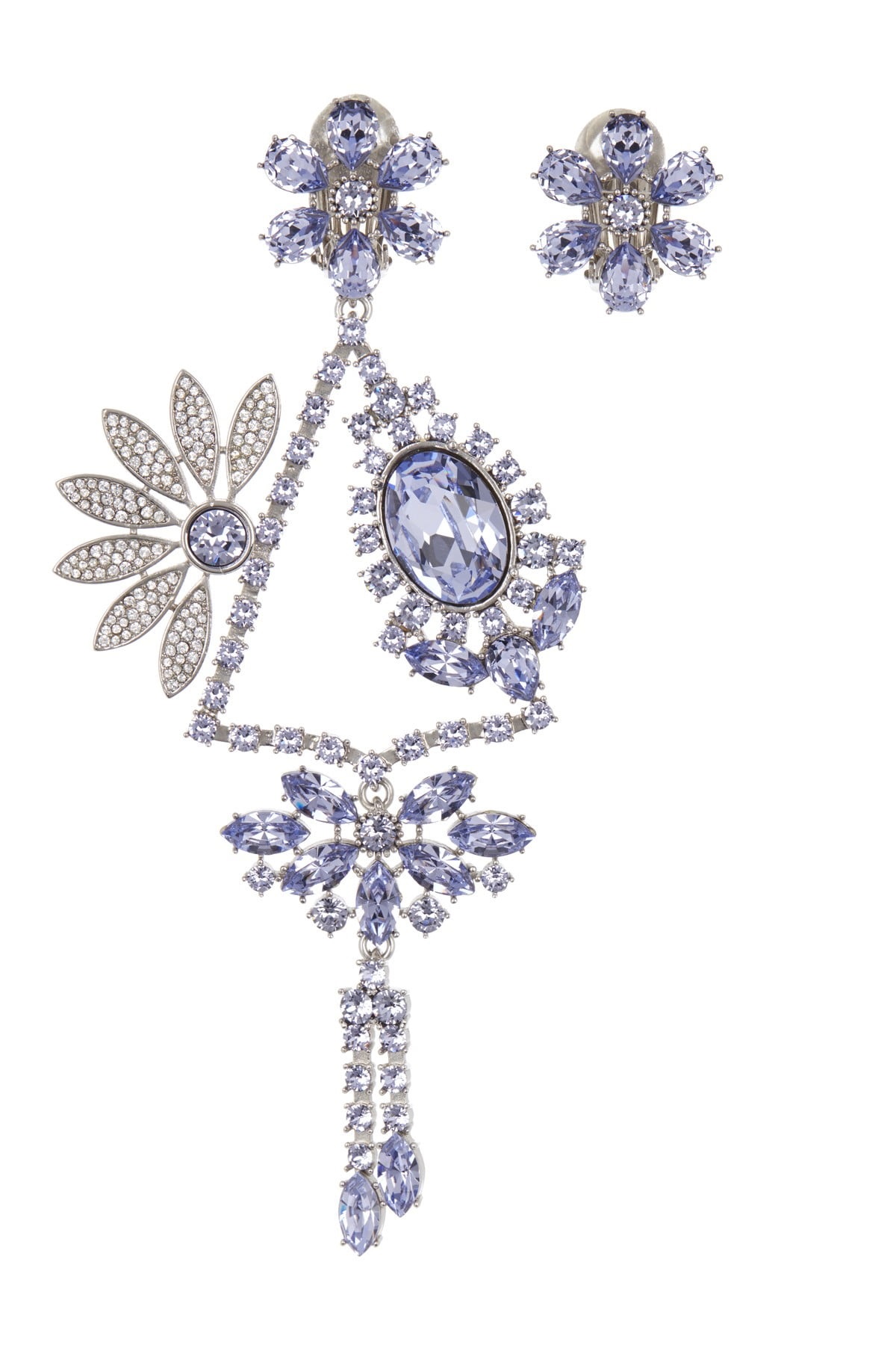 Burberry Asymmetrical Crystal Daisy Drop Clip-on Earrings In Lavender Blue