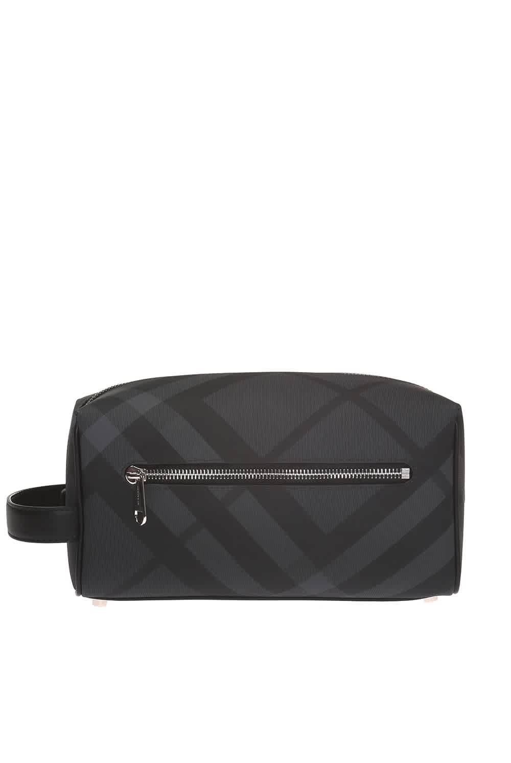 Click to view more detailed imagery on our partner's website Burberry Black Checked Wash Bag In Black,grey