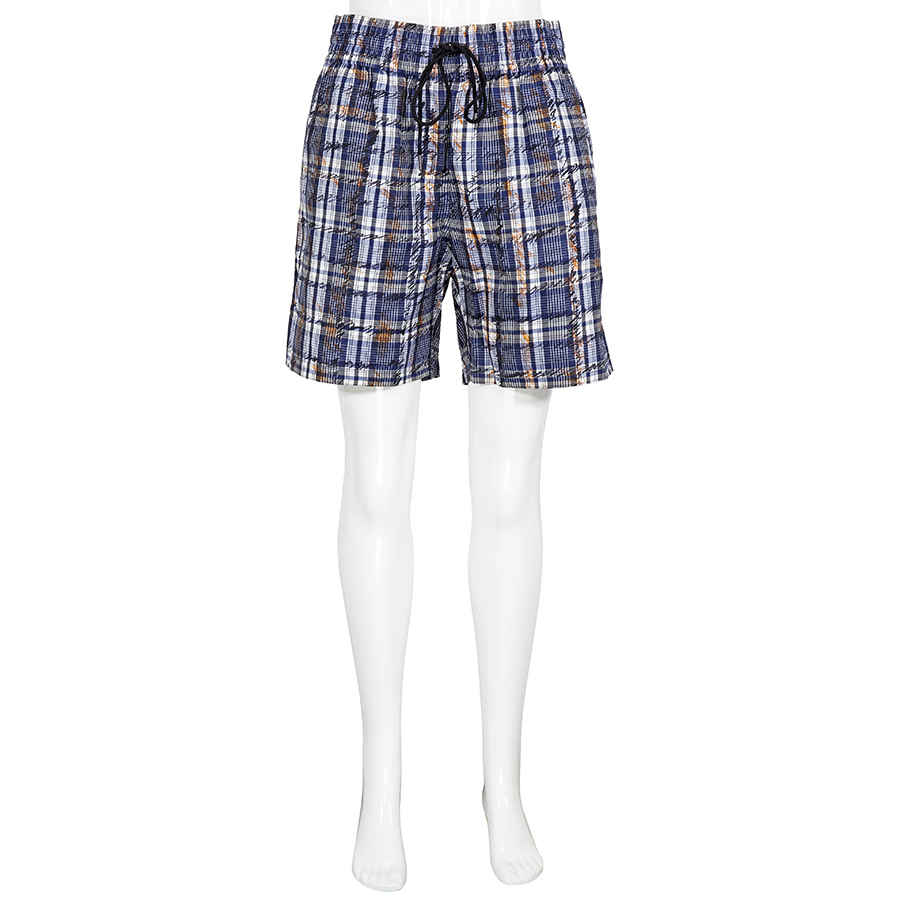 Burberry Ladies Navy And White Plaid Silk Shorts With Cordwaist In Blue,white