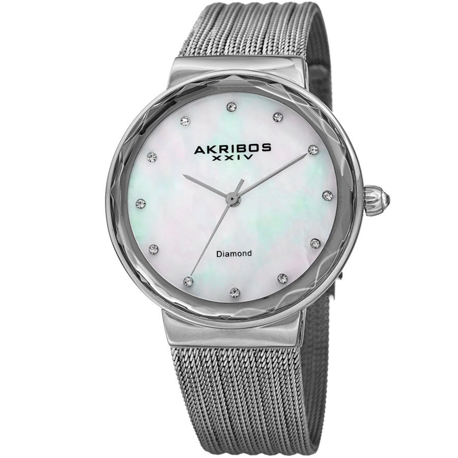 Akribos Xxiv Quartz Diamond White Mother Of Pearl Dial Ladies Watch Ak1009ss In Mother Of Pearl / White