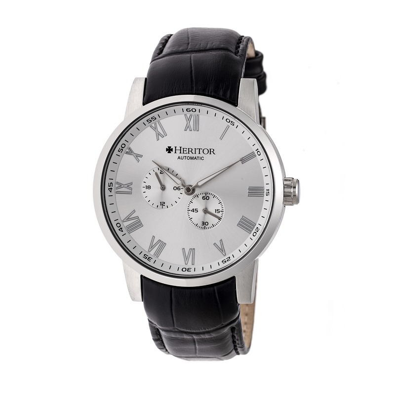 Heritor Romulus Silver Dial Black Leather Strap Automatic Mens Watch Hr6403 In Black,silver Tone