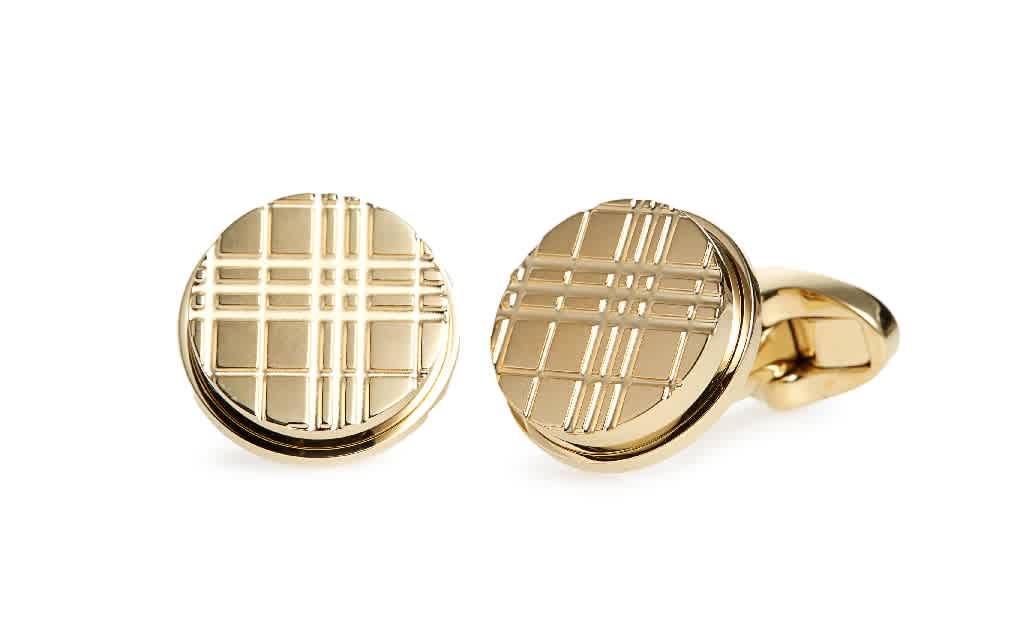 Click to view more detailed imagery on our partner's website Burberry Mens Light Gold Check-engraved Round Cufflinks In Gold Tone,yellow