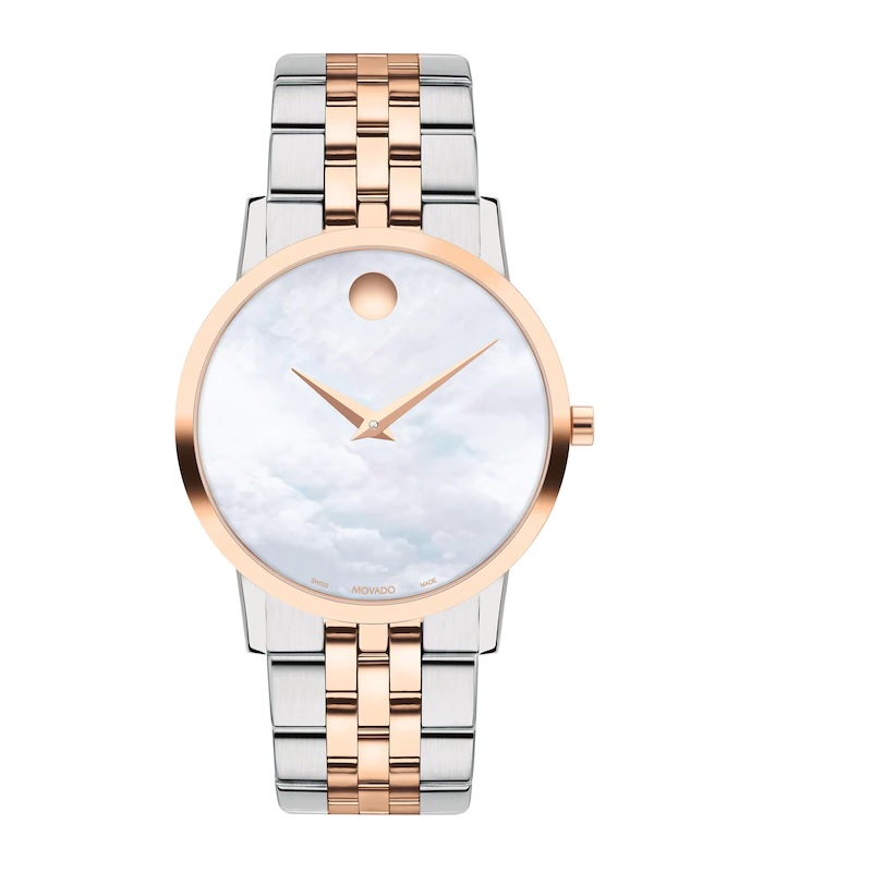 Movado Women's Swiss Museum Classic Two Tone Stainless Steel Bracelet Watch 33mm In Two Tone  / Gold Tone / Mother Of Pearl / Rose / Rose Gold Tone / White
