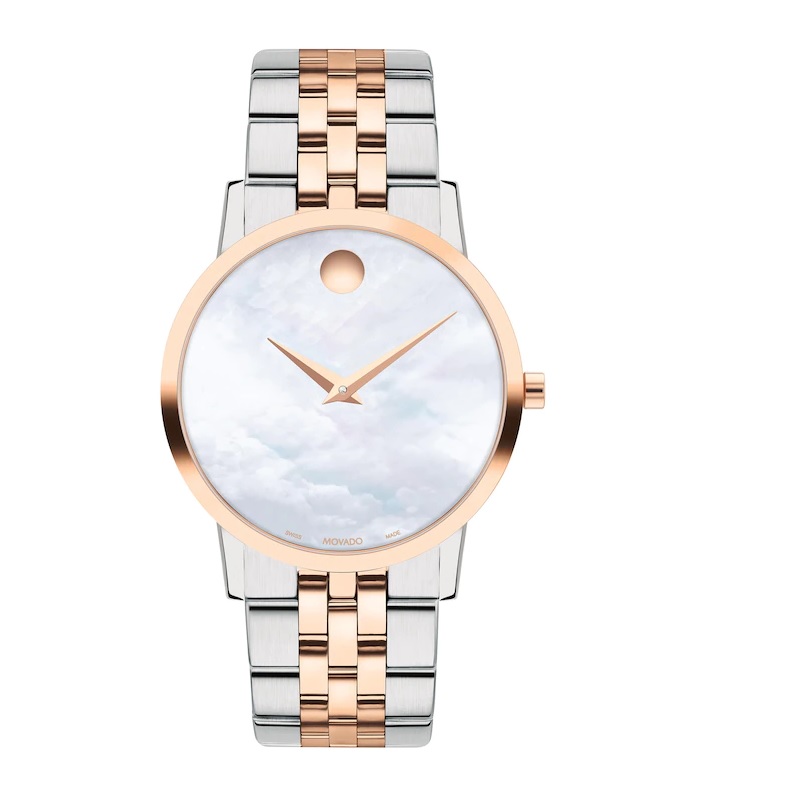 Shop Movado Museum Classic Quartz White Mother Of Pearl Dial Ladies Watch 0607629 In Two Tone  / Gold Tone / Mother Of Pearl / Rose / Rose Gold Tone / White