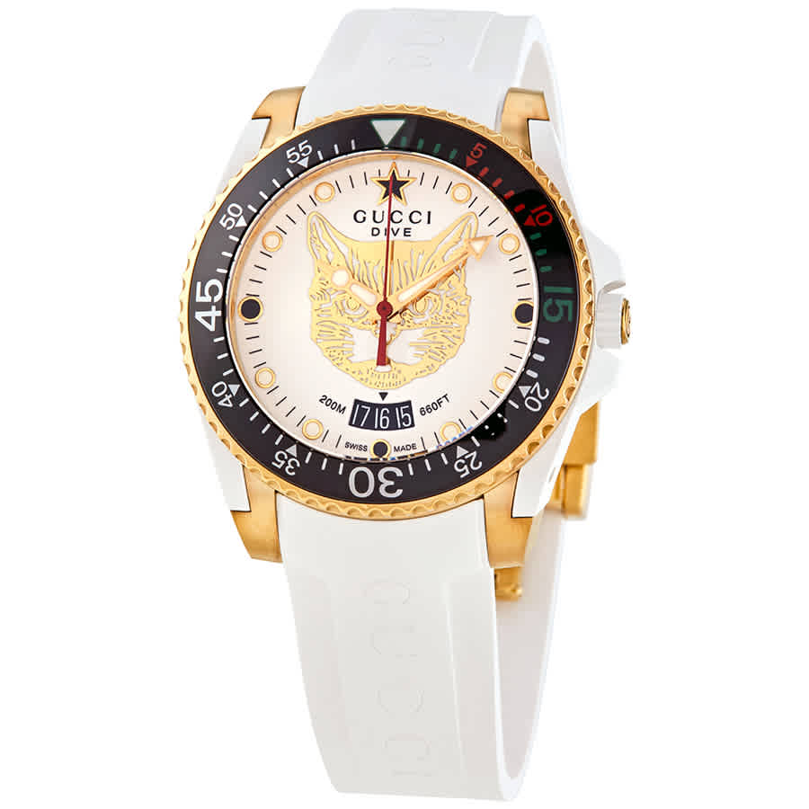 Gucci Dive Quartz White Dial Ladies Watch Ya136322 In Black / Gold / Gold Tone / White / Yellow