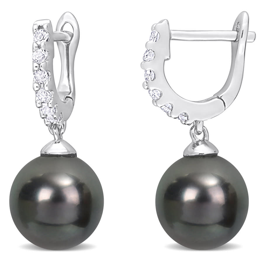 Amour 8.5-9mm Black Tahitian Pearl And 3/8 Ct Tgw White Topaz Drop Cuff Earrings In Sterling Silver In White
