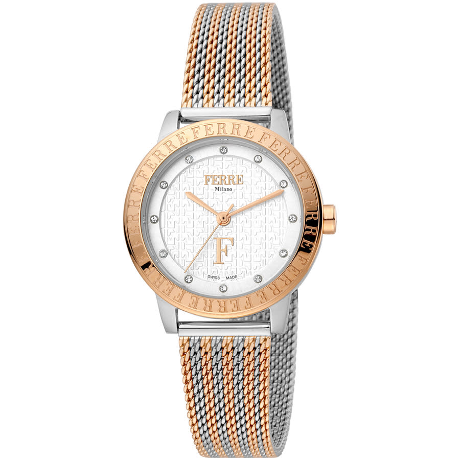 Ferre Milano Classic Quartz White Dial Ladies Watch Fm1l174m0091 In Two Tone  / Gold Tone / Rose / Rose Gold Tone / White