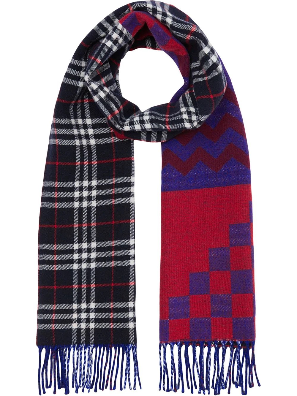 Burberry Reversible Graphic And Check Wool Cashmere Scarf In Blue