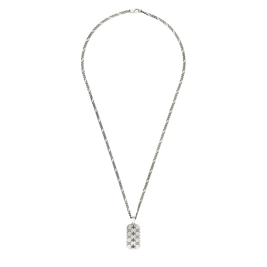 Shop Gucci Gg And Bee Engraved Pendant Necklace In Silver-tone