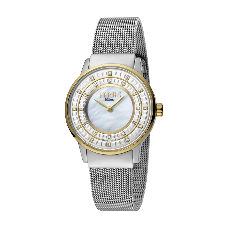 Ferre Milano Ladies Silver Dial Ss Mesh / Gp Watch In Gold Tone / Silver